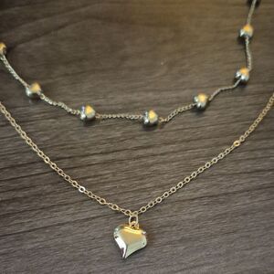 3/$16🎁 Layered Heart Pendant Necklace Gold Plated Beaded Chain Set of 2